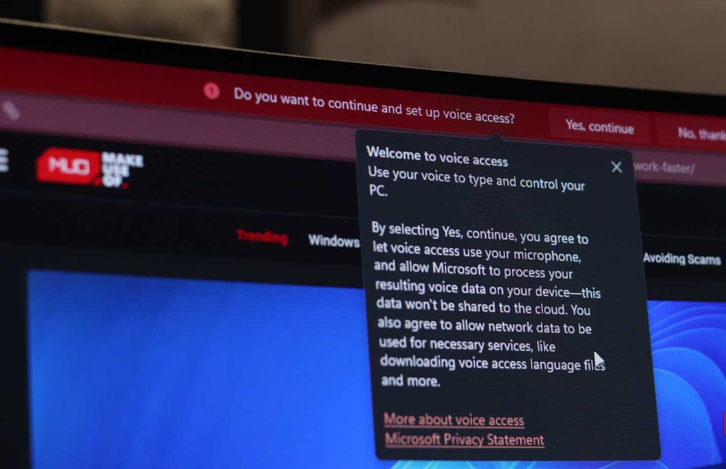 Voice access running on Windows 11.
