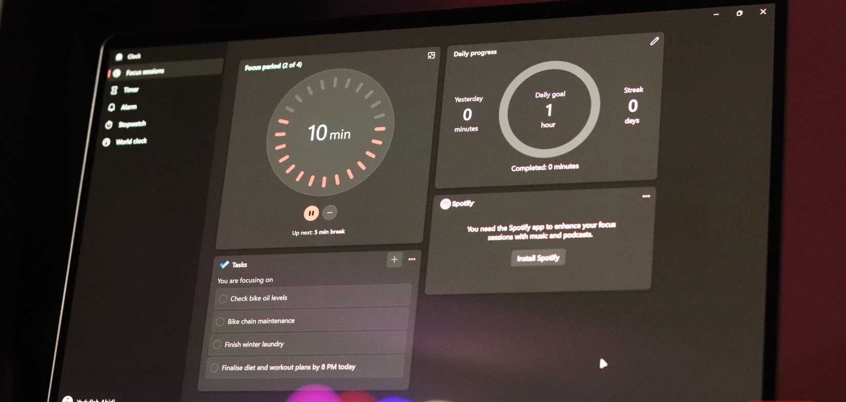 صفحة جلسة التركيز في Windows 11.