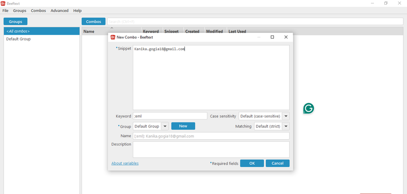 Creating a new combo in Beeftext