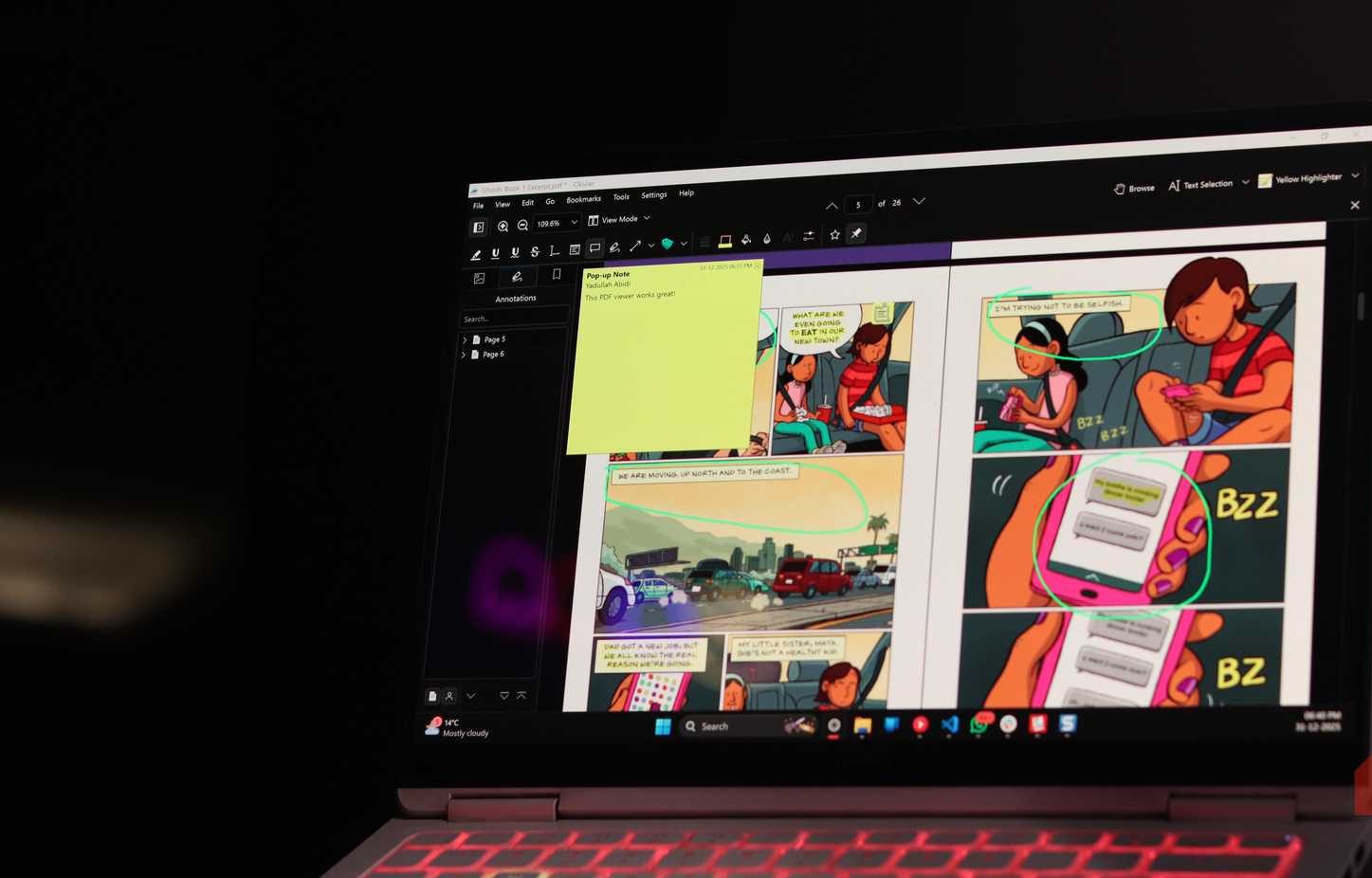 تعليقات Okular نشطة على ملف PDF نموذجي.